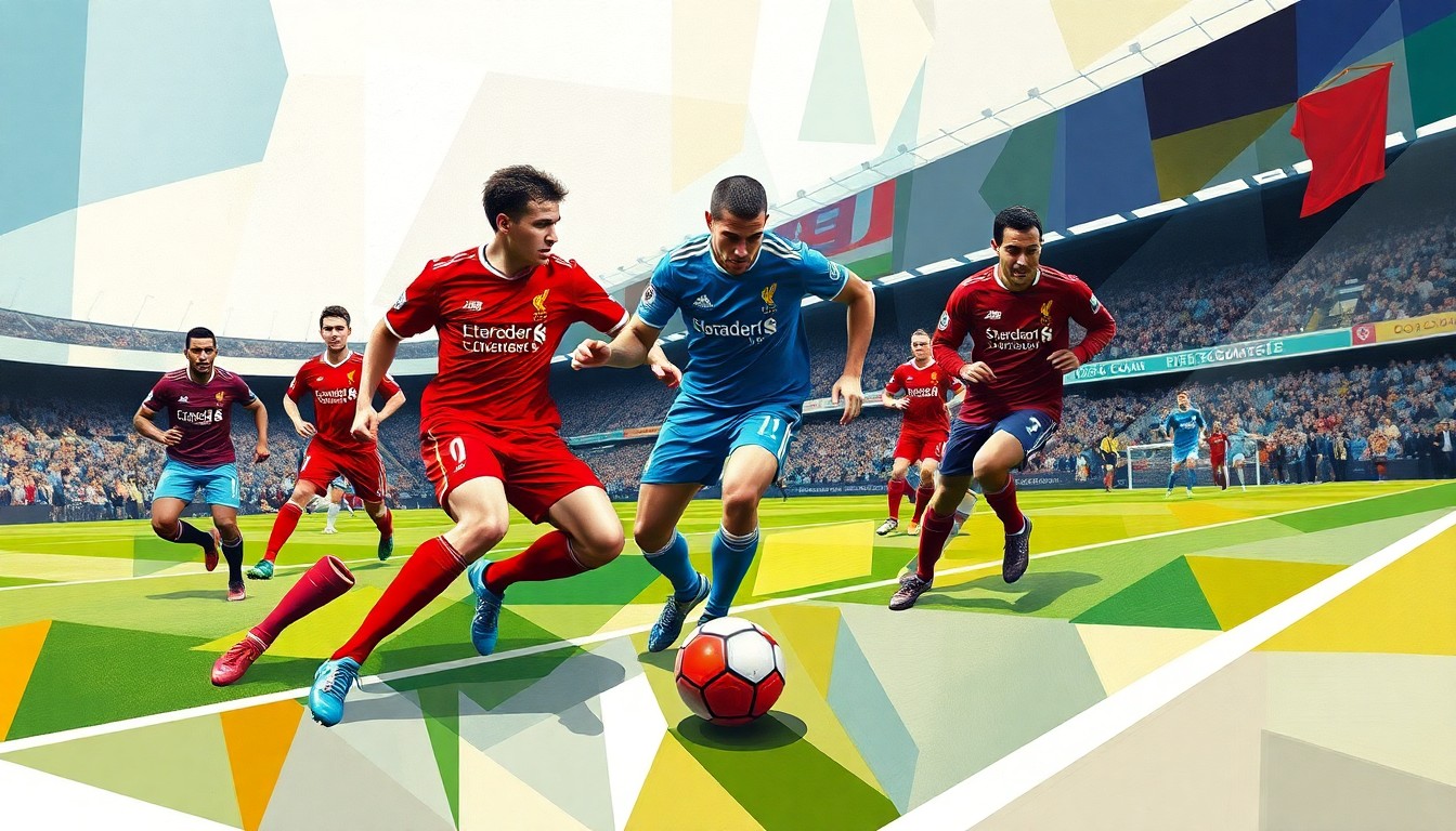 An abstract, cubist-style painting depicting a Liverpool football match, with the players' forms broken down into angular, colorful geometric shapes that create a dynamic, kinetic composition on the field.