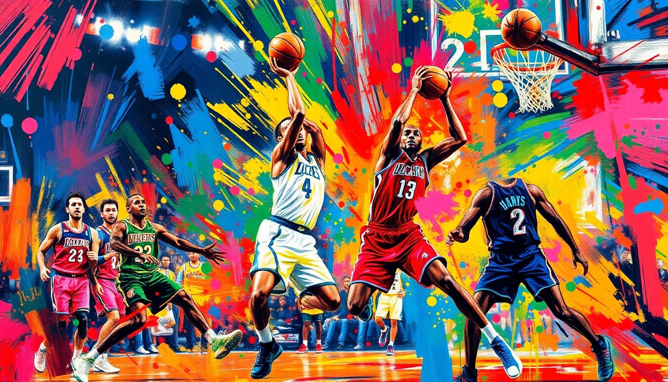 A dynamic, abstract painting in neon colors depicting the intense action and movement of a basketball game, with players' forms blending together in an expressionistic style.