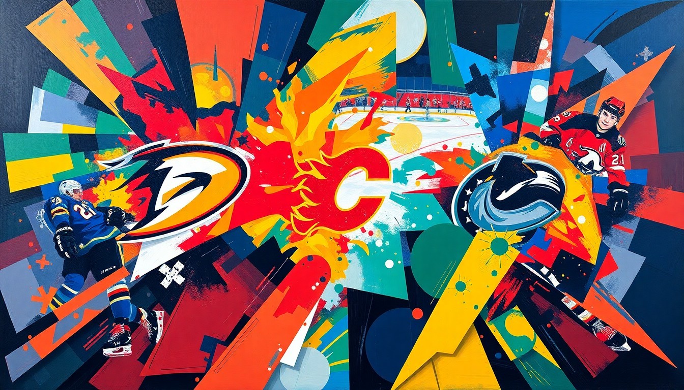 A fragmented, geometric painting in bold blues, reds, and greens, capturing the intensity and unpredictability of the Pacific Division playoff push.