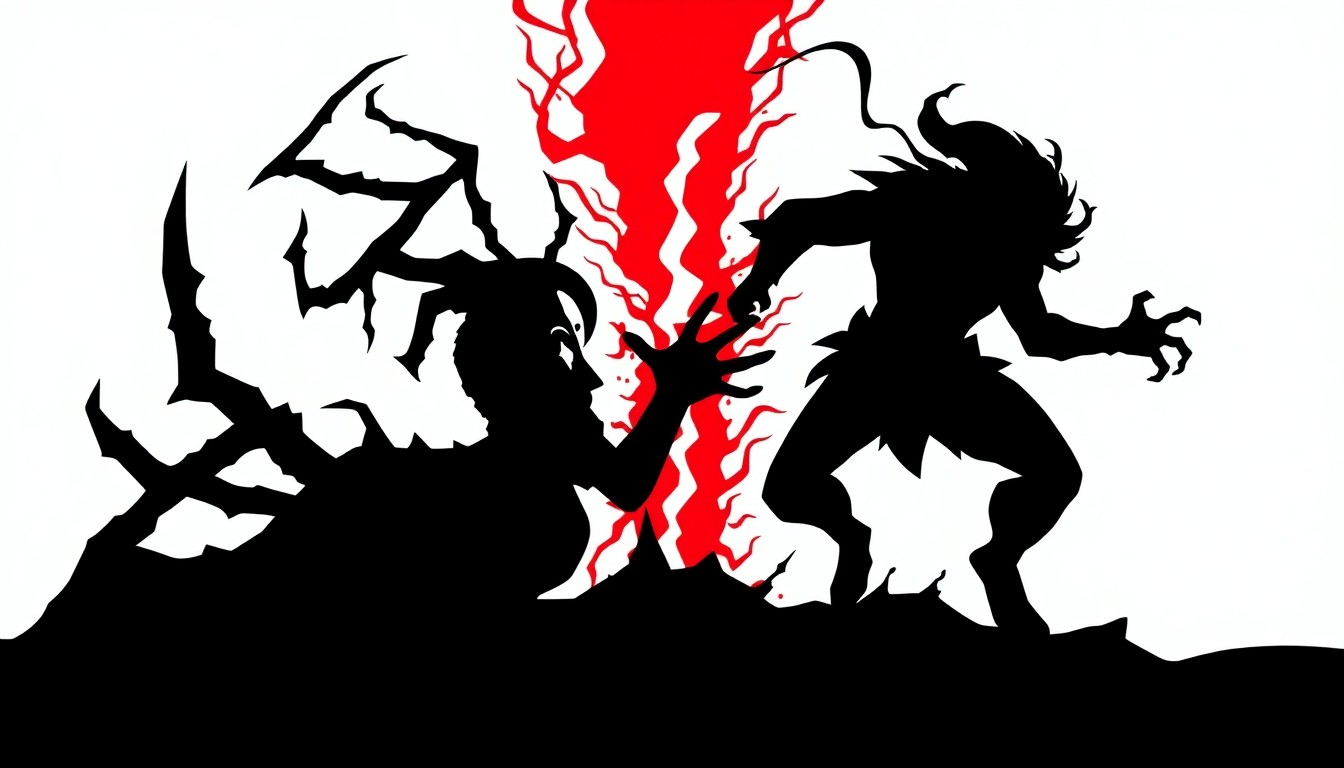 An abstract composition of stark, jagged geometric shapes in black and red, representing the confrontation between the Marvel villains Carnage and Torment.