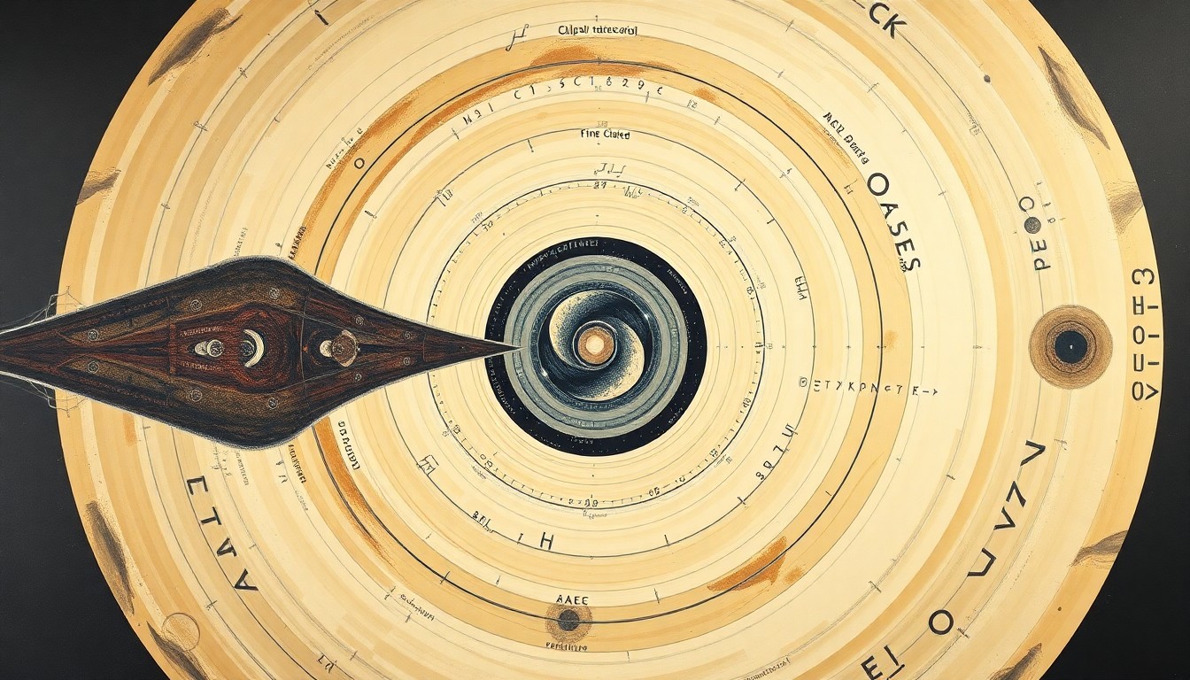 An abstract, highly structured painting in soft, earthy tones featuring sweeping geometric arcs, concentric circles, and precise spirals, conceptually representing the complex systems and forces involved in the Artemis II lunar mission.