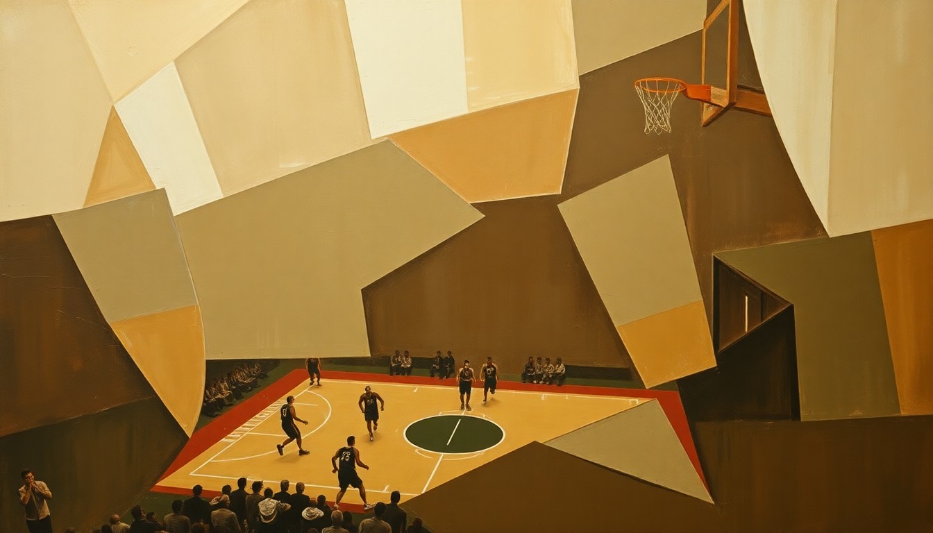A fractured, multi-perspective painting in muted, earthy tones, breaking down a basketball game or match into sharp, overlapping geometric planes, conceptually representing the moral ambiguity of tanking strategies in the NBA.