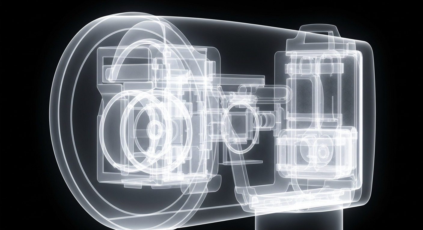 A translucent X-ray photograph revealing the intricate internal components of a medical diagnostic device, conceptually illustrating the complex systems that underpin healthcare delivery.