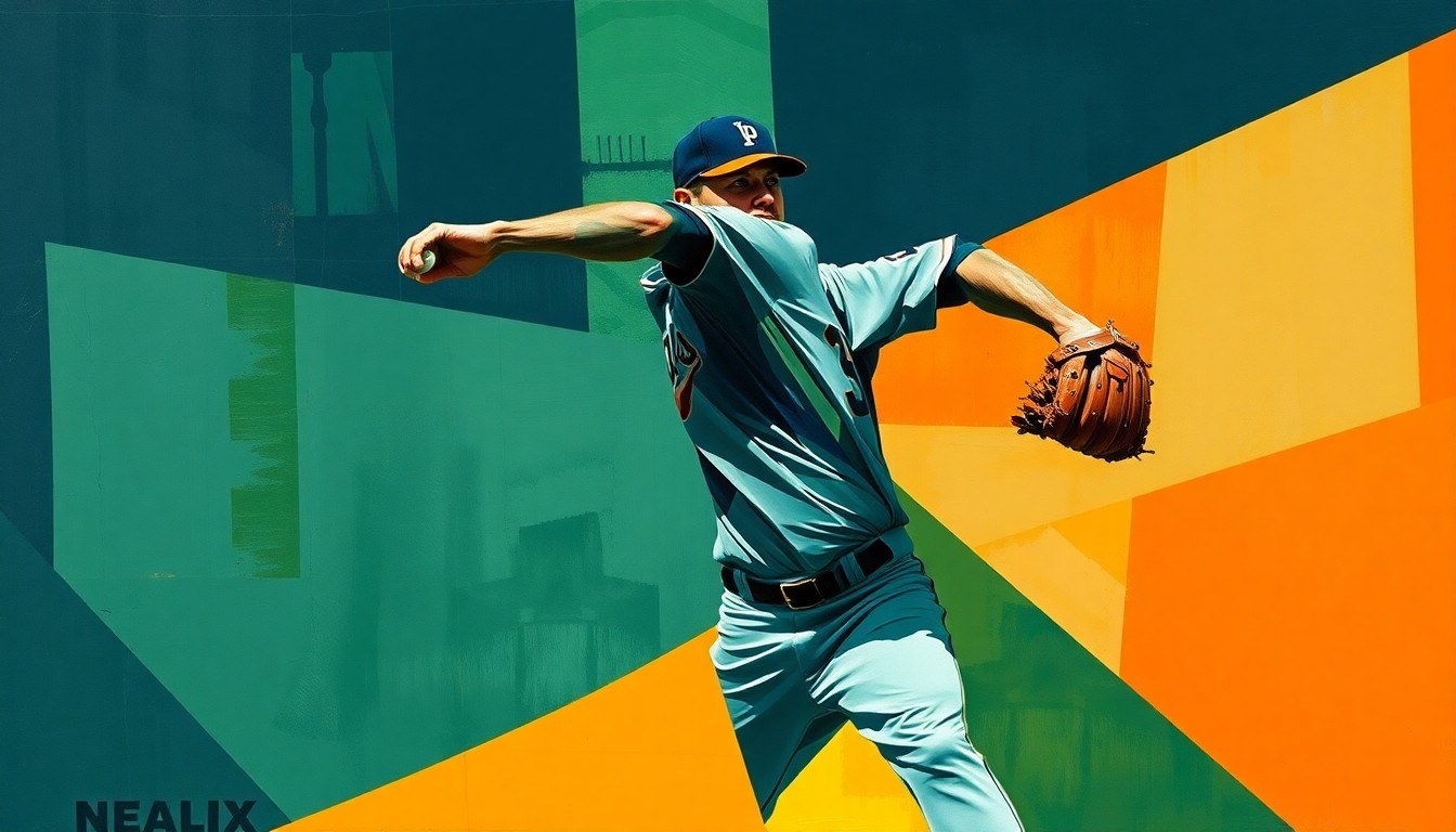 A cubist, geometric painting depicting a baseball pitcher's delivery broken down into sharp, overlapping planes of navy, green, and orange, conveying the power and precision of Jansen's historic performance.