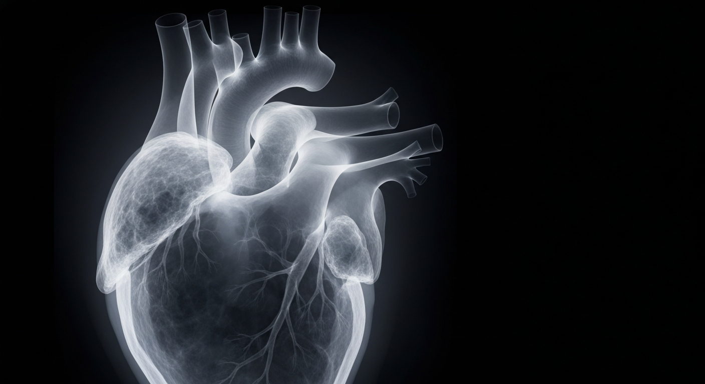 An ethereal, translucent X-ray image of a human heart, glowing faintly against a dark background, conveying the fragility of life and the urgent need for improved access to innovative medicines.