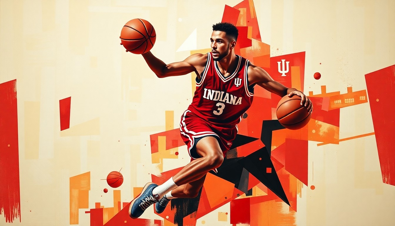 A fragmented, geometric painting in vibrant crimson and cream colors depicting a college basketball player in motion, with their form broken down into sharp, overlapping planes that convey a sense of energy and fluidity.