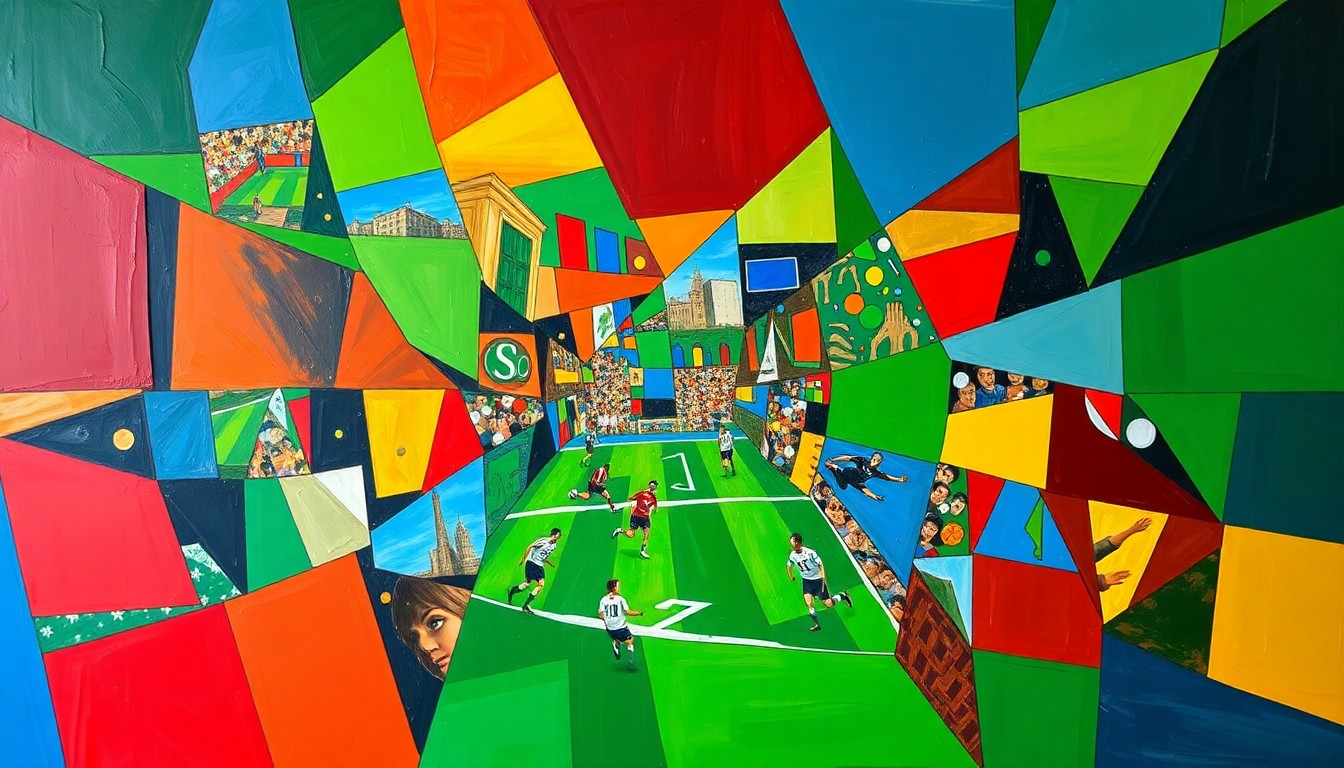 A cubist, geometric painting in vibrant colors depicting a fractured, multi-angled scene of a chaotic World Cup event, conveying the lack of coordination and human rights safeguards for the tournament.
