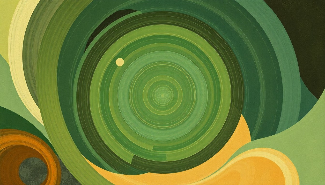A highly structured, abstract painting featuring sweeping geometric arcs, concentric planetary circles, and precise botanical spirals in a soft, earthy color palette of greens, browns, and blues, conceptually representing the intricate systems and structures underlying the human-nature relationship.