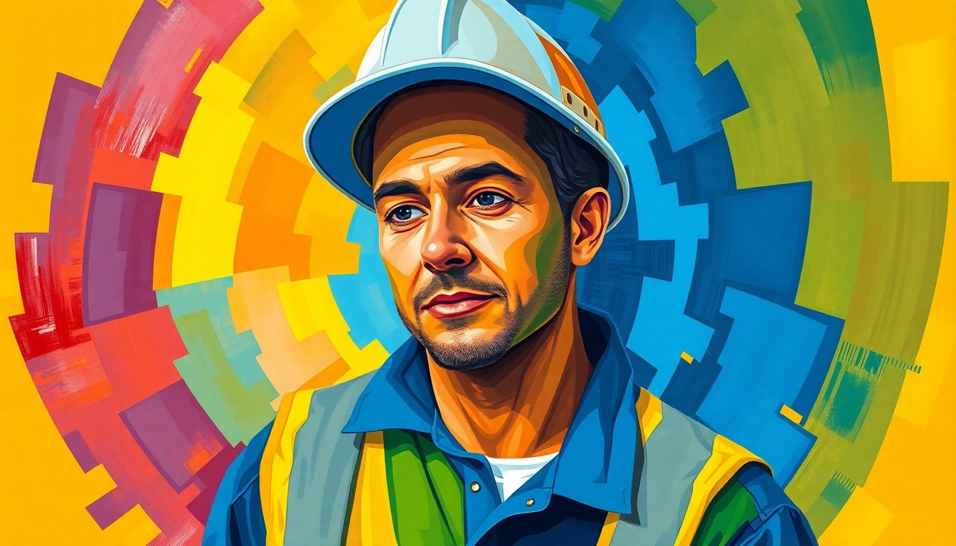 A dynamic, abstract painting of a sanitation worker in motion, with overlapping geometric shapes and brushstrokes in shades of blue, green, and orange, conveying the fast-paced, hardworking nature of the Department of Sanitation.