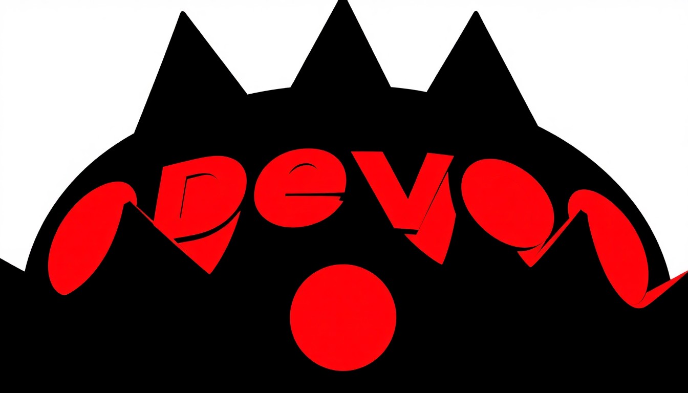 An abstract composition of stark, angular black and red shapes, conceptually representing the iconic Devo energy dome and the band's new wave sound.