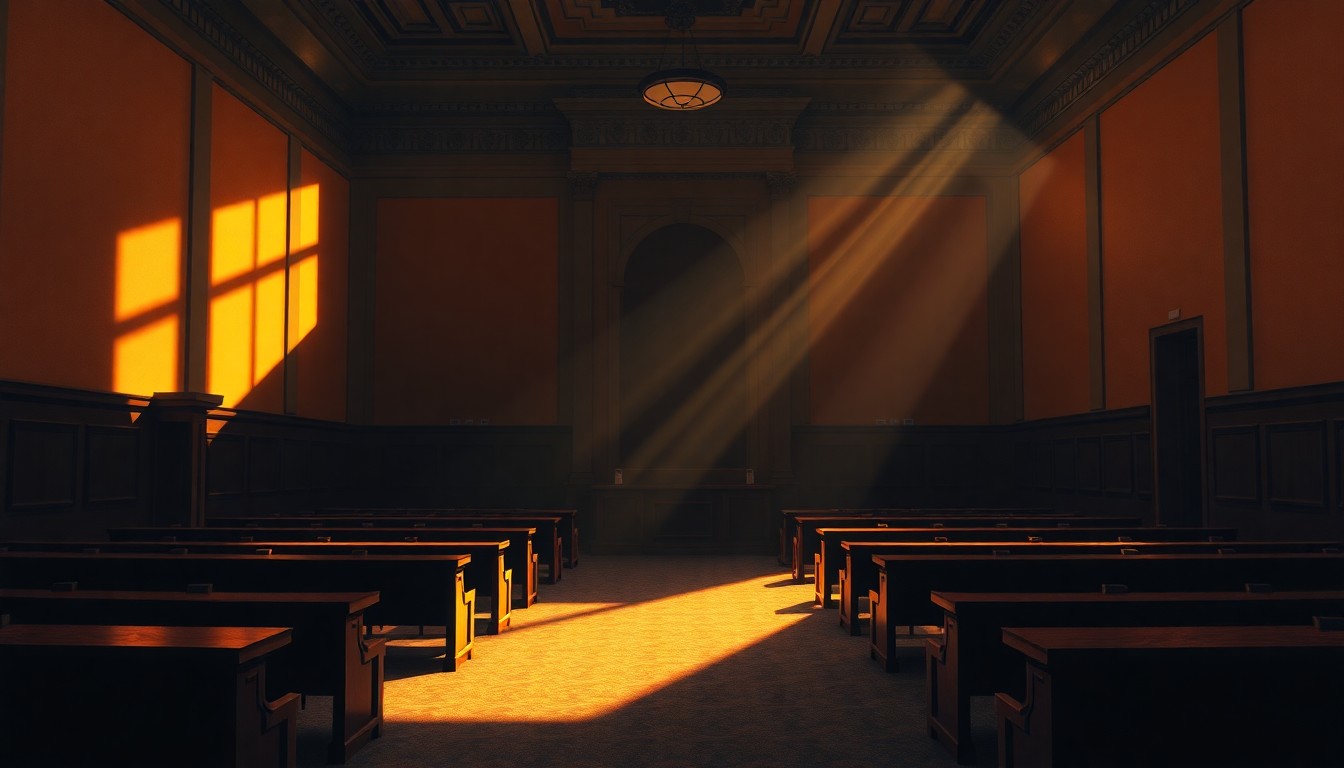A dimly lit, cinematic painting of an empty city council chamber with warm sunlight streaming through the windows, casting long shadows across the room, conceptually representing the gravity of the council's decision on public input for the Rock Creek TIF.