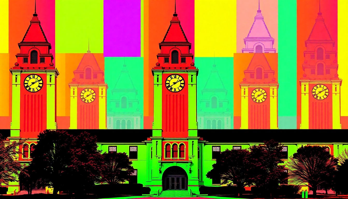 A high-contrast silkscreen print of the iconic OU campus clock tower, repeated in a grid pattern and rendered in a bold, neon color palette, conceptually representing the energy and excitement of Norman's graduation celebrations.