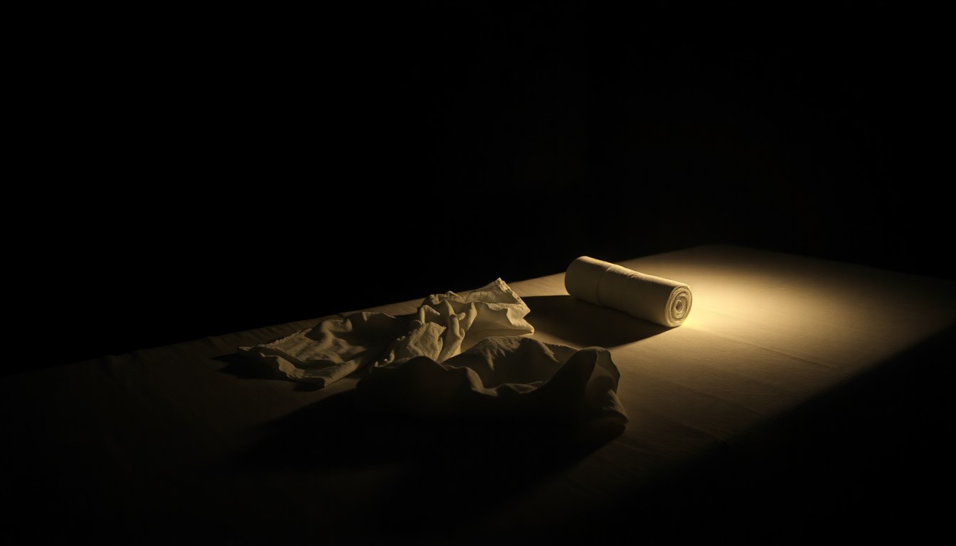 An extreme close-up photograph of a massage table with crumpled sheets and a discarded towel, creating a stark, gritty, investigative aesthetic.