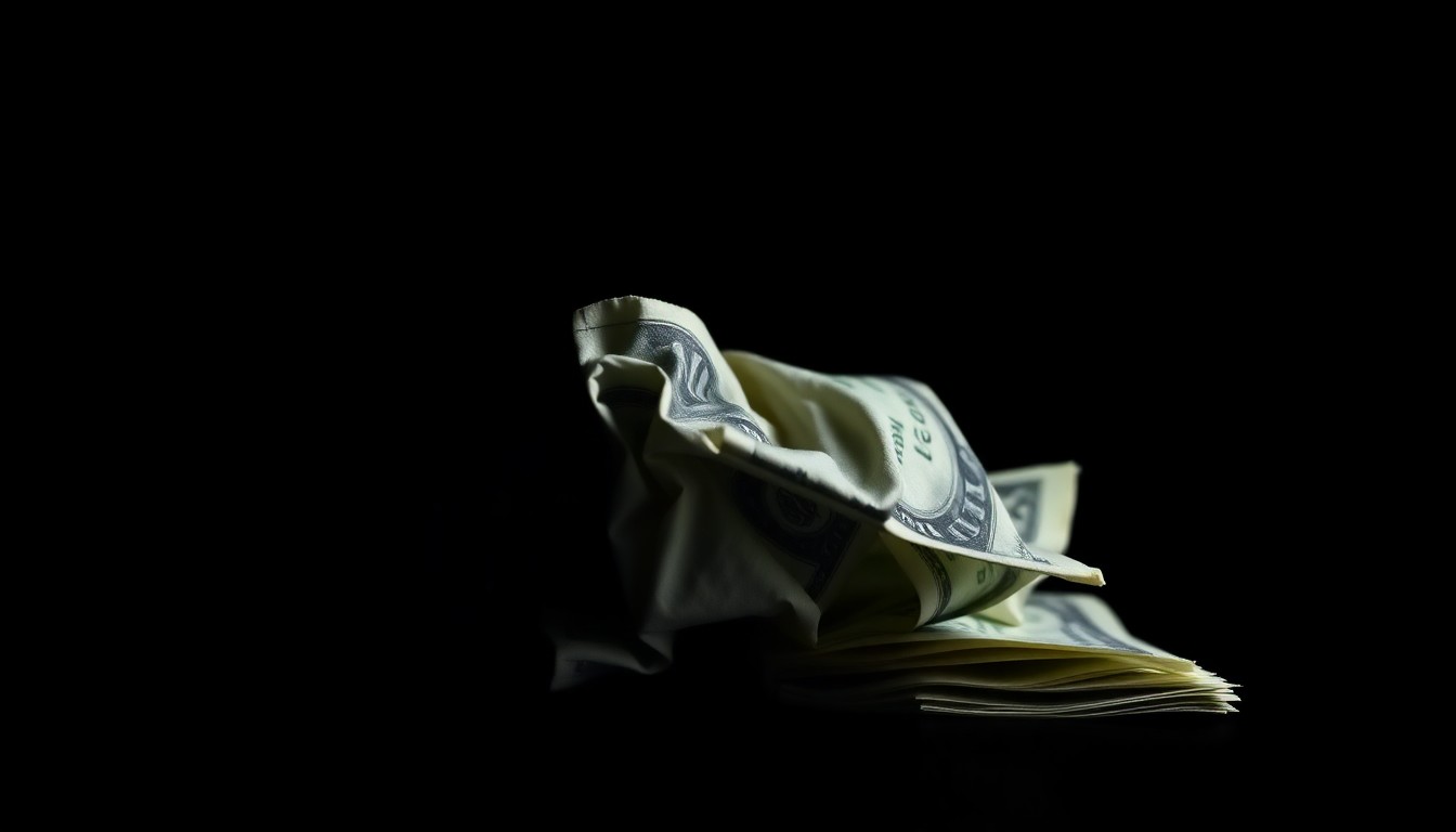An extreme close-up photograph of a crumpled dollar bill or stack of cash, lit by a harsh, direct camera flash against a pitch-black background, conceptually representing the physical evidence at the center of a financial crime investigation.