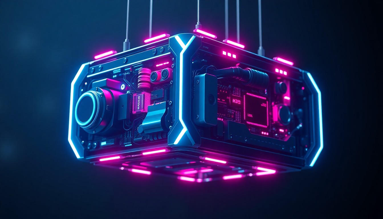 A highly detailed, glowing 3D macro illustration of a futuristic AI-powered presentation generator, with intricate hardware and circuits illuminated by neon cyan and magenta lights, suspended in a dark, moody environment.
