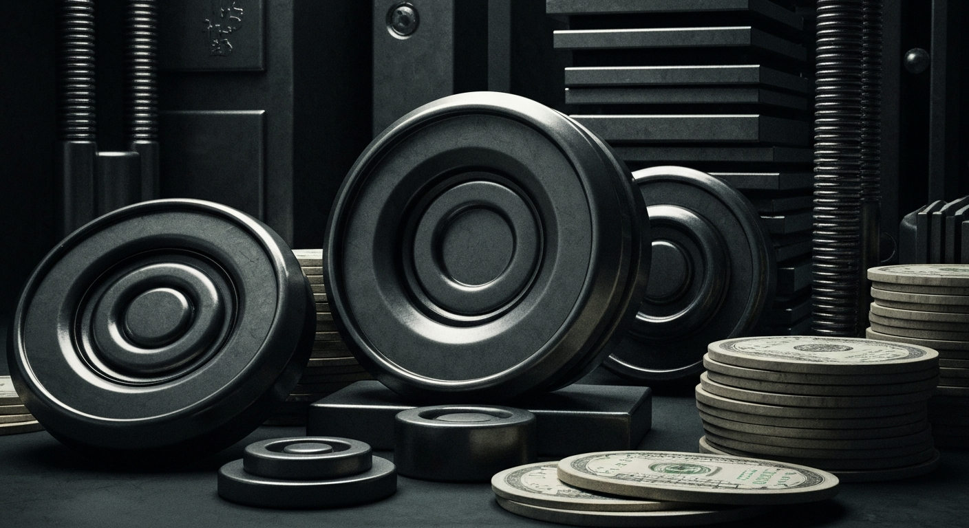 An extreme close-up of a series of gears, levers, and mechanical components in a dark, industrial setting, conceptually representing the inner workings and security measures of a financial institution.