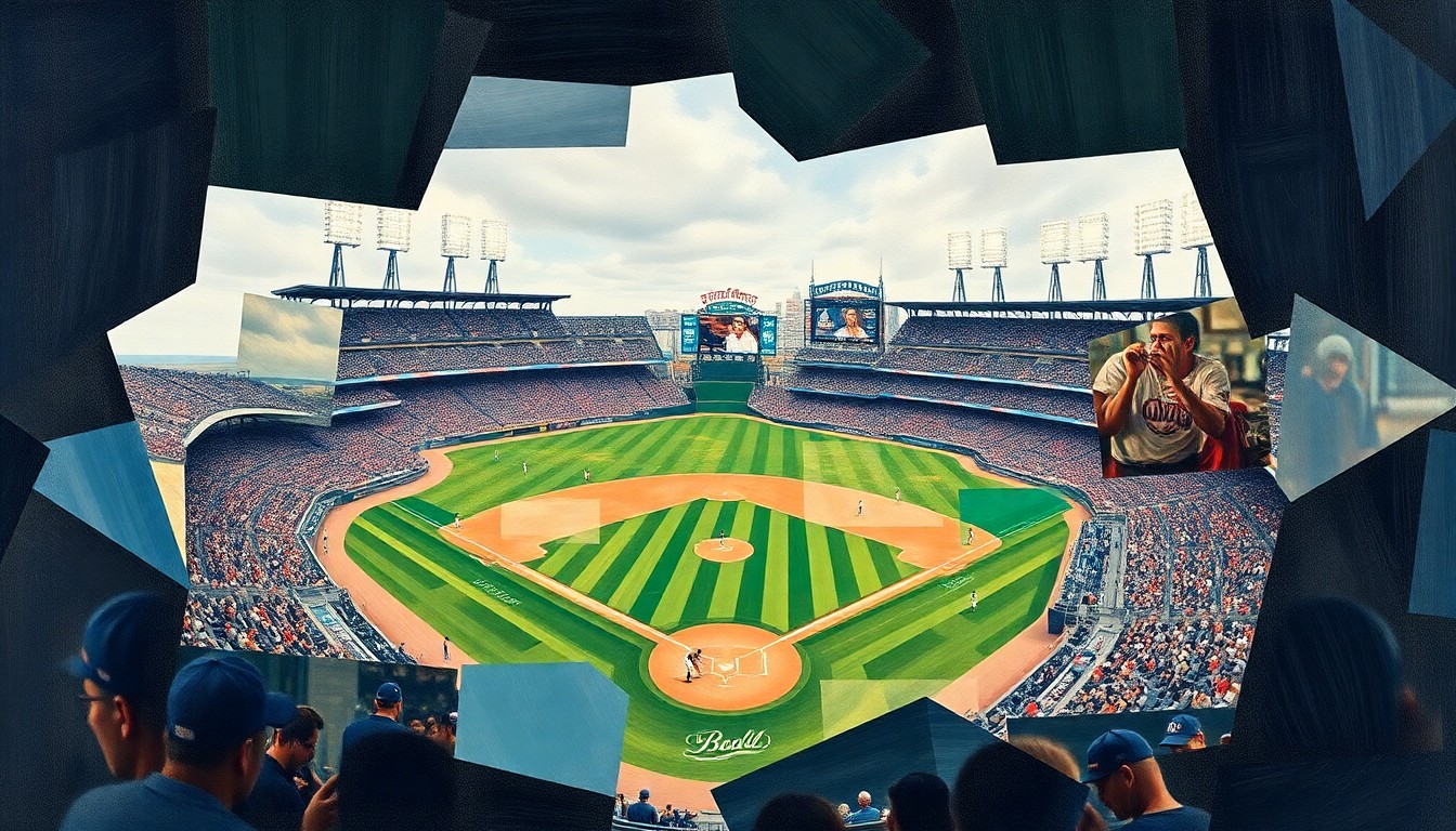 A cubist-style painting depicting a baseball game broken down into sharp, overlapping geometric shapes, representing the tension between human umpires and automated strike zone technology.