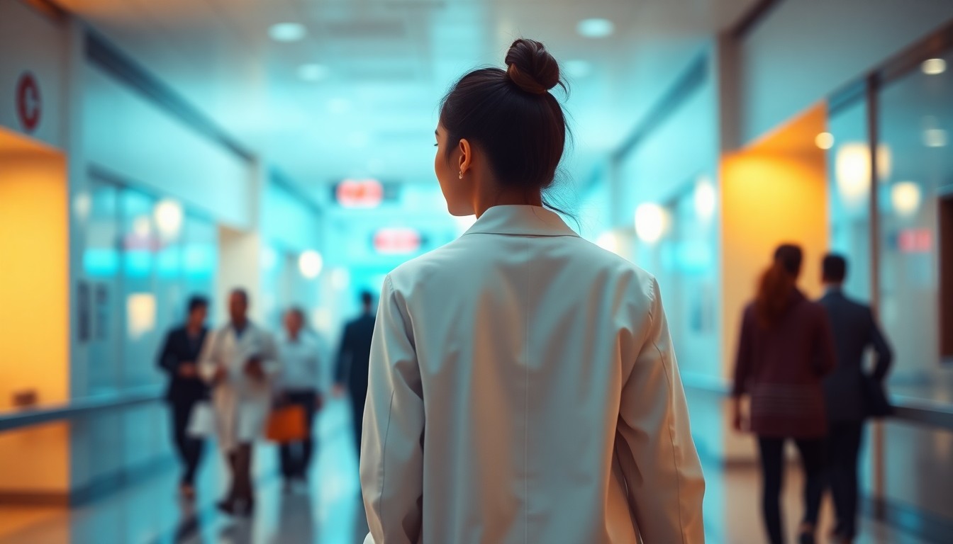 An atmospheric, out-of-focus photograph depicting the blurred silhouette of a medical student in a white coat walking through a busy hospital lobby, with warm pools of light and color creating a dreamlike, conceptual scene that captures the shifting landscape of medical education.