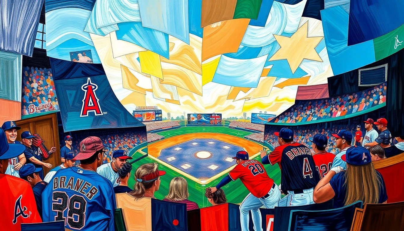 A fractured, multi-perspective painting in bold, geometric shapes and vibrant colors, representing the intensity and strategic depth of a baseball game between the Los Angeles Angels and the Atlanta Braves.