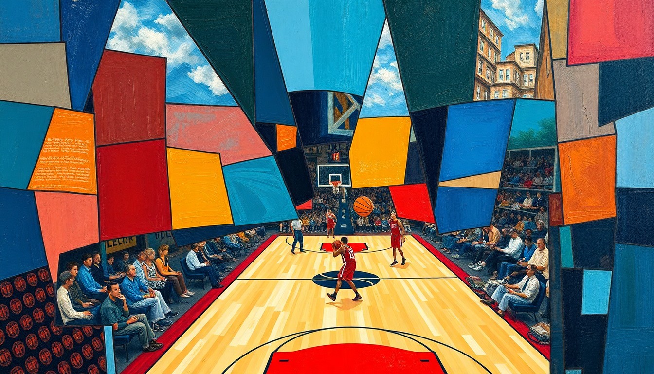 A fractured, geometric painting depicting a basketball game or match, with sharp, overlapping planes of color in deep blues, vibrant reds, and earthy browns, capturing the raw energy and movement of the sport.