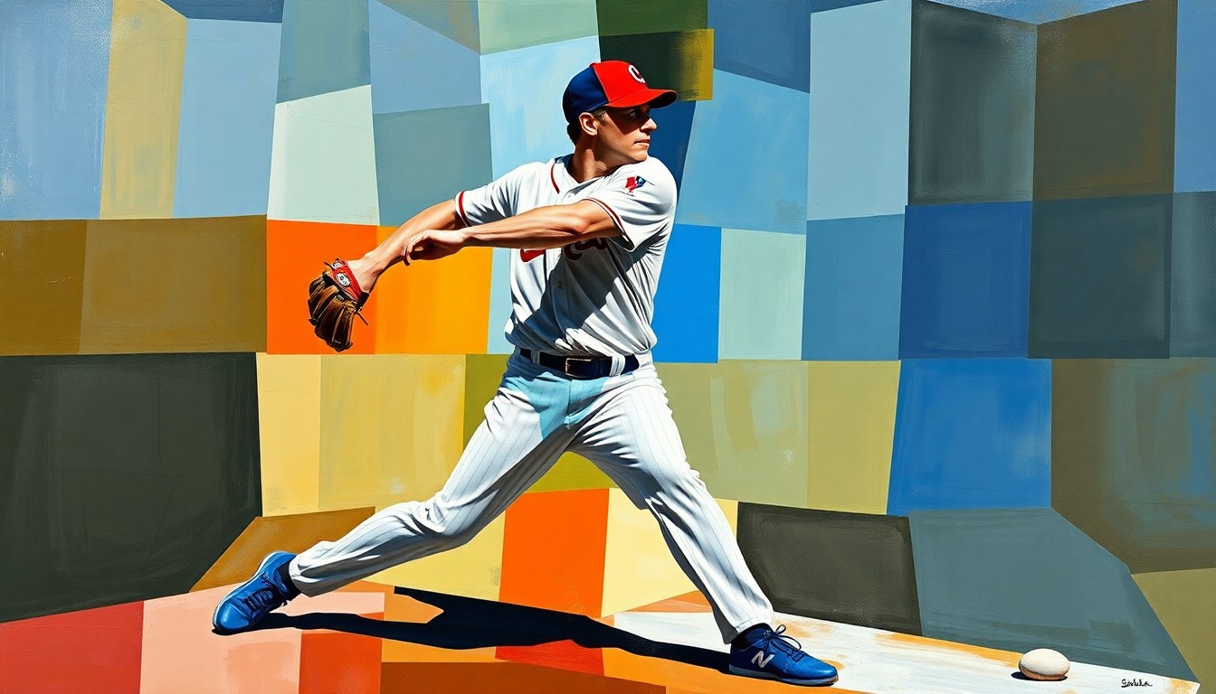 A cubist-style painting depicting a baseball pitcher's motion broken down into fragmented, geometric shapes and planes, conceptually representing the nuanced decision-making process around a young player's development.