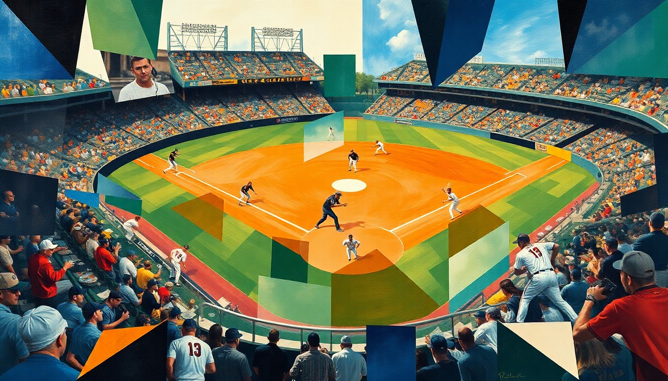 A fragmented, geometric painting depicting a baseball game, with players and the field represented as abstract shapes and angles, capturing the dynamic energy of the sport.