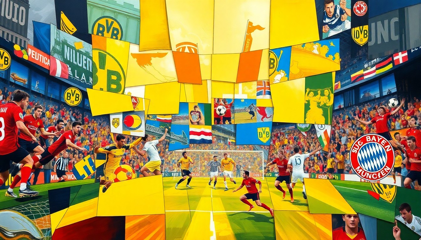 A cubist, geometric painting depicting a Bundesliga football match between Borussia Dortmund and Bayern Munich, with the players and field fragmented into sharp, overlapping planes of vibrant yellow and red colors, capturing the energy and drama of the title race.