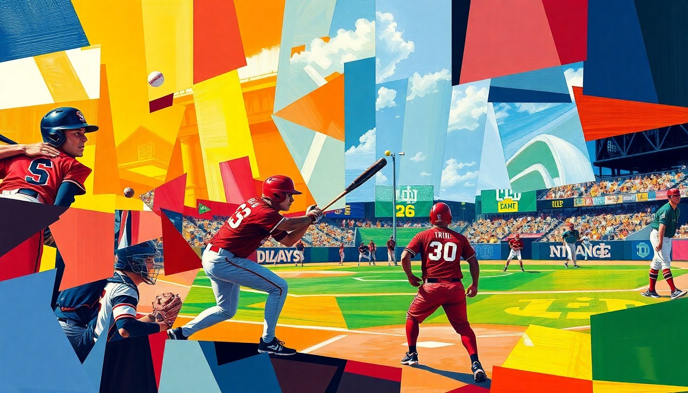 A cubist, geometric painting depicting a softball game in progress, with the players and field broken down into sharp, overlapping shapes and planes in the colors of the Florida State Seminoles and Notre Dame Fighting Irish uniforms.