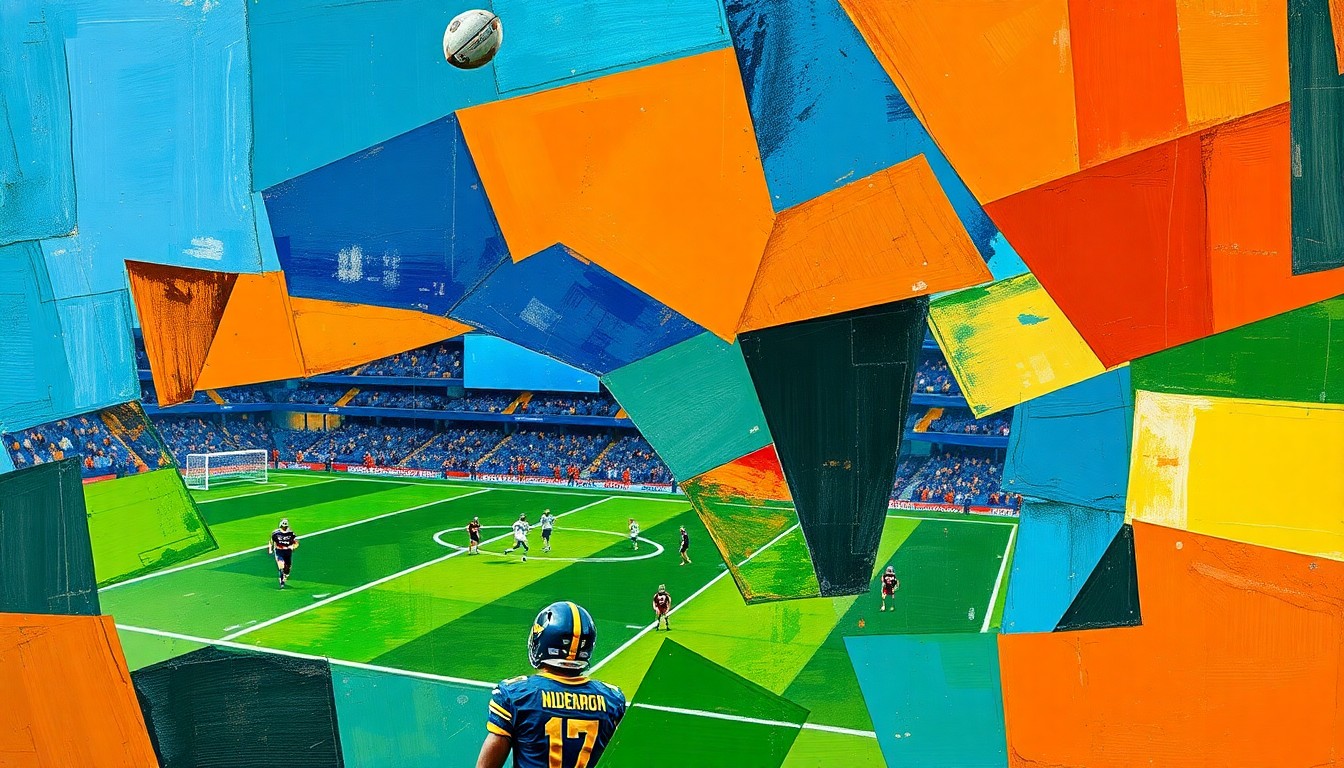 A fractured, multi-perspective painting in Picasso's cubist style, depicting a football game or match broken down into sharp, overlapping geometric planes in vibrant colors like deep blues, burnt oranges, and earthy greens, conceptually representing the innovative and collaborative nature of Harbaugh's coaching approach.