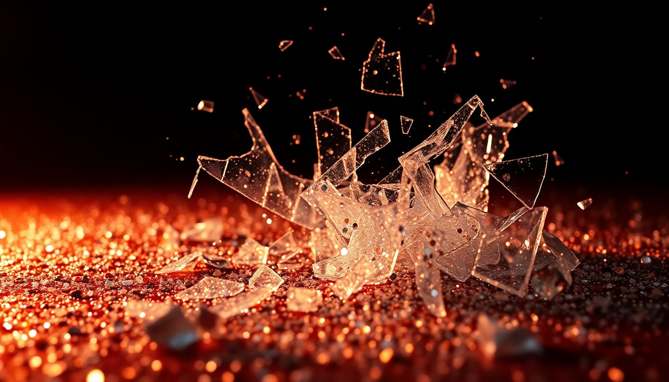 An abstract close-up image featuring shattered glass and glittering sequins, captured in dramatic, high-contrast studio lighting to conceptually represent the fragility and glamour of the film industry.