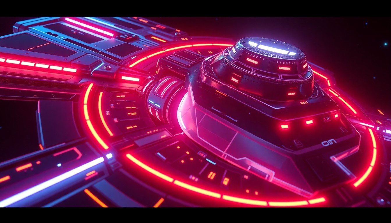 A highly detailed, glowing 3D illustration of a futuristic Star Wars spacecraft or space station, with intricate cybernetic components and neon-lit panels, conceptually representing the technological complexities and creative aspirations behind the development of the Eclipse game.