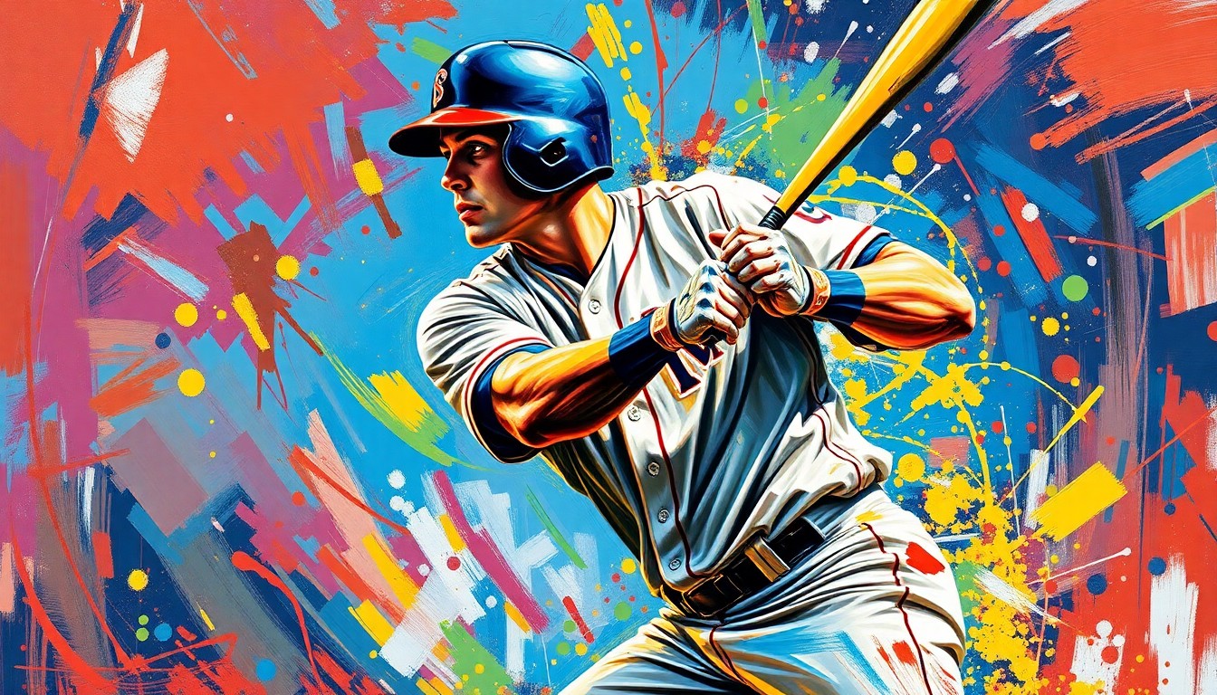 An abstract, expressionist painting in neon colors depicting the dynamic motion and energy of a baseball player at the plate, with their face and uniform details blurred into vibrant brushstrokes.
