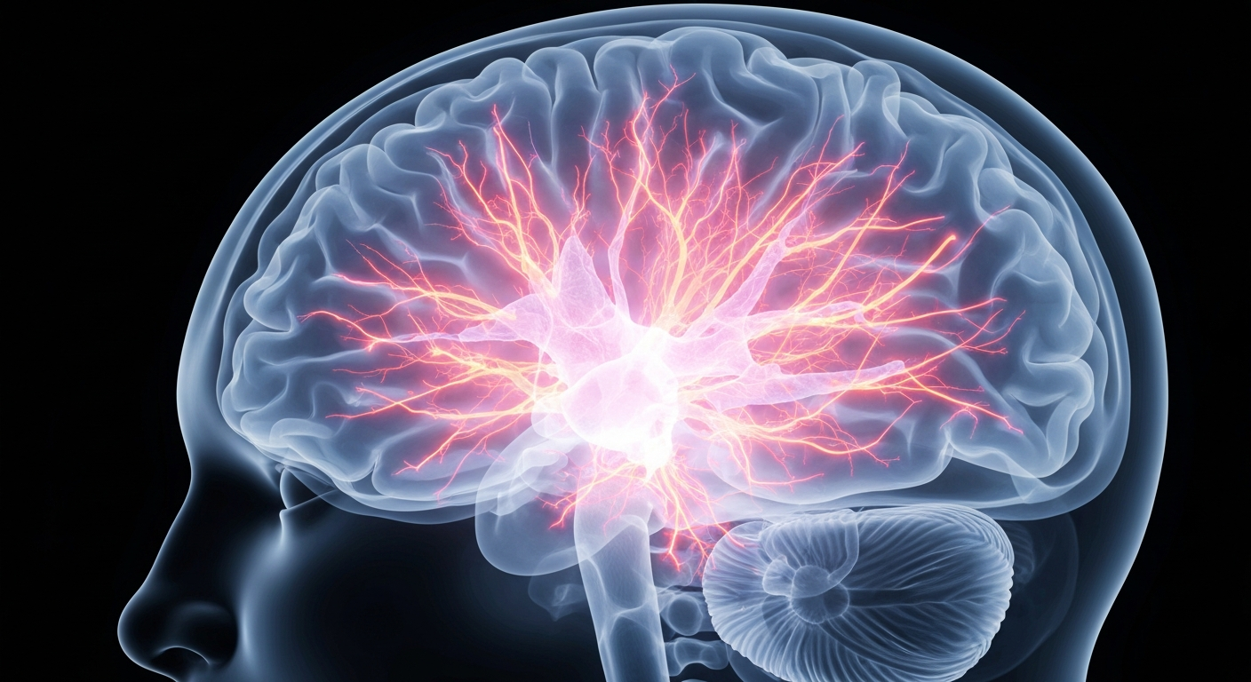 A ghostly, translucent X-ray photograph of a human brain, with glowing neural pathways and structures conceptually representing the rapid mood-elevating effects of nitrous oxide on the brain's glutamate receptors.