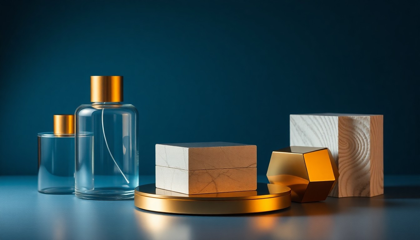A high-end, photorealistic studio still-life photograph featuring a carefully arranged composition of polished, geometric objects made from premium materials like metal, glass, and stone, conveying a sense of power and prestige through dramatic lighting and shadows.