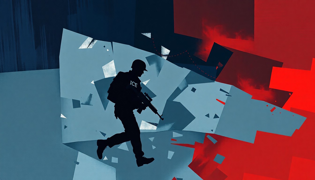 A dynamic, abstract painting in shades of blue, grey, and red, featuring the fragmented outline of an ICE agent, conveying the turbulent nature of the ongoing political dispute over the agency's practices.