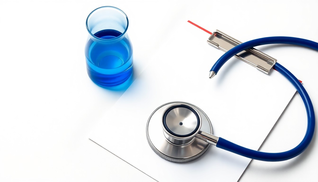 A minimalist, high-end studio photograph featuring a stethoscope, clipboard, and beaker arranged elegantly on a clean white background, symbolizing the merger of medical care and academic research.