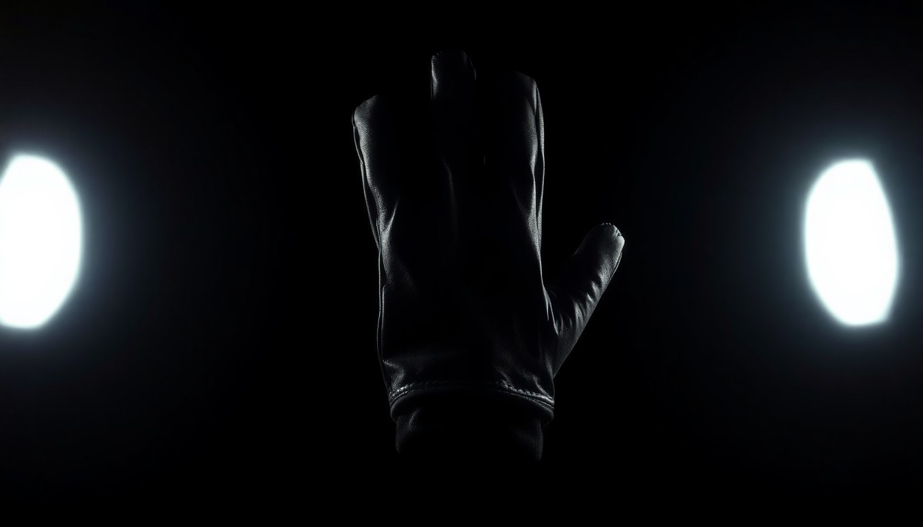 An extreme close-up photograph of a worn leather glove against a pitch-black background, lit by a harsh camera flash, conceptually representing a key piece of physical evidence in a missing person investigation.