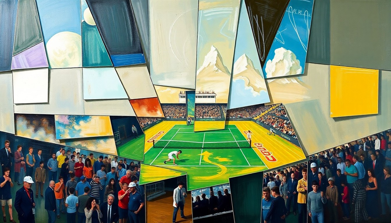 A fractured, geometric painting depicting a tennis match or competition, with sharp, overlapping planes of color and form, conceptually representing the adaptability and versatility of the player's performance.