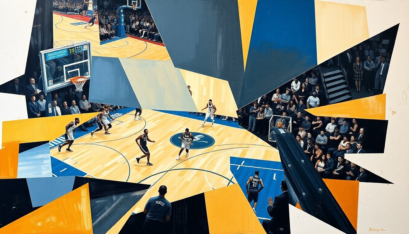 A fragmented, geometric painting depicting the movements and energy of a basketball game, with players and the court rendered in an abstract, cubist style.