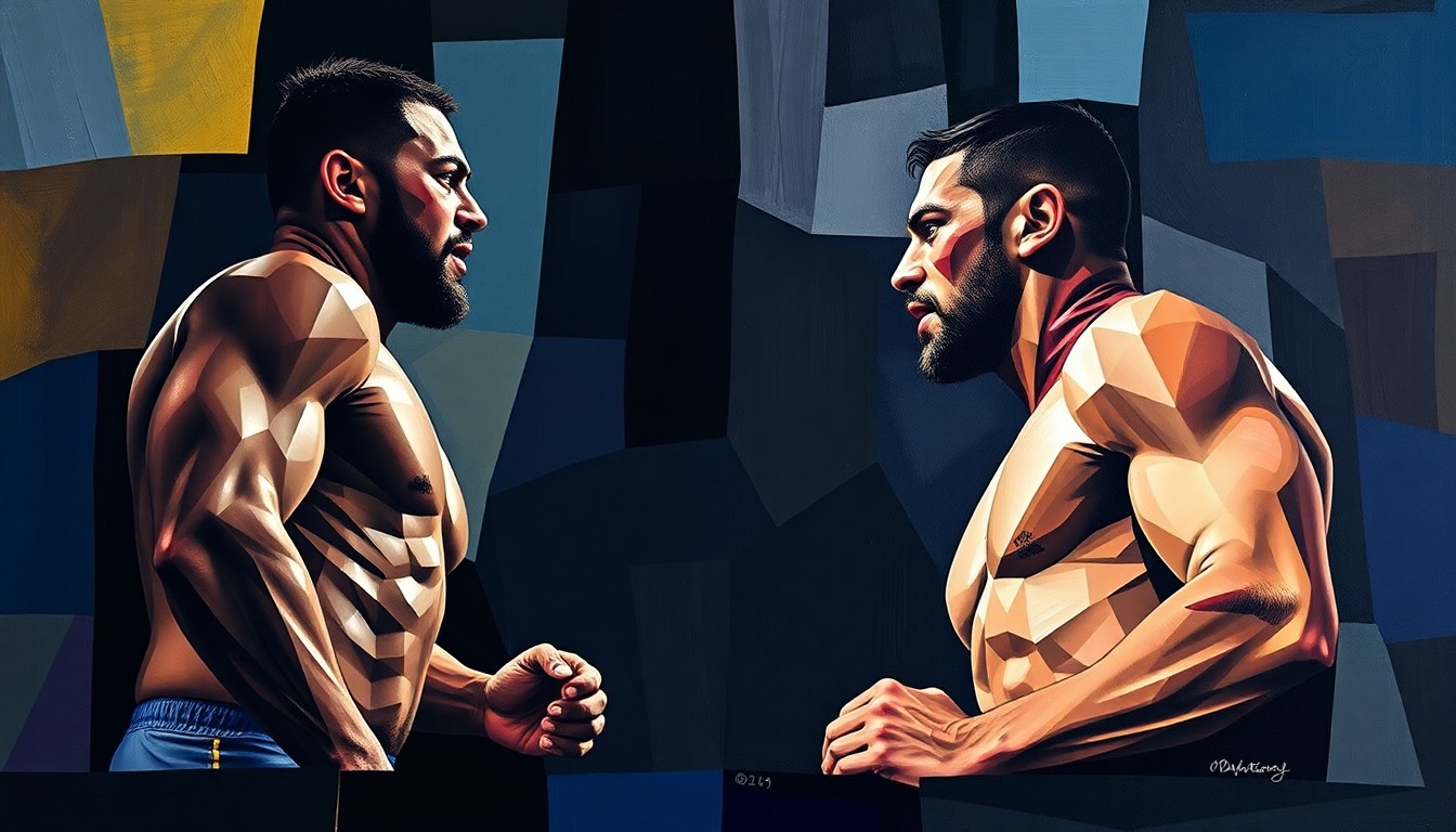 A fractured, cubist painting depicting the tense weigh-in scene between two athletes, with their bodies and the stage deconstructed into sharp, overlapping geometric shapes that capture the raw energy and intensity of the moment.