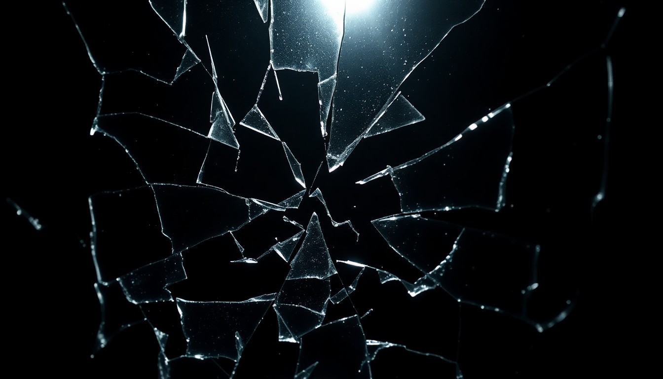 An extreme close-up photograph of shattered glass, with dramatic lighting creating high-contrast shadows and highlights, conceptually representing the emotional fragility of a relationship's end.
