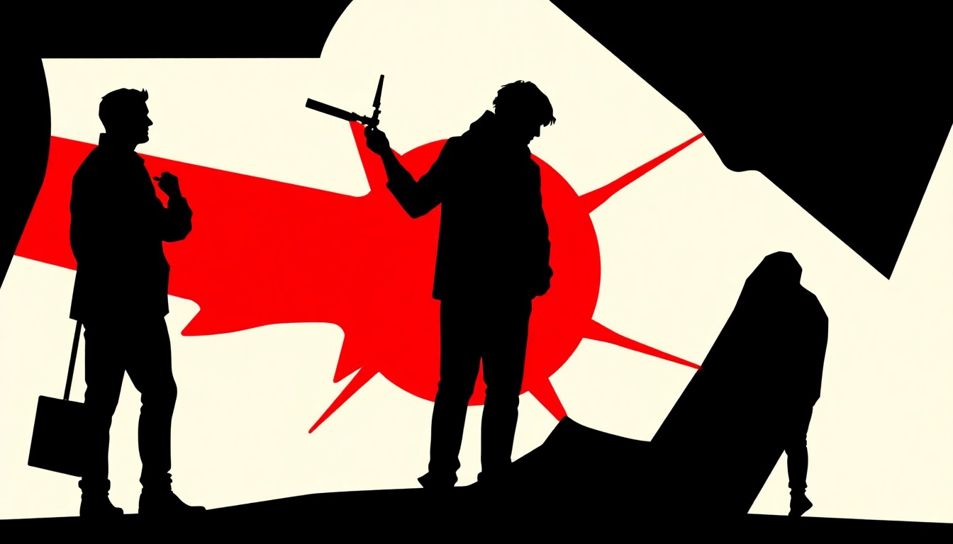 A bold, abstract composition featuring stark, jagged geometric shapes and heavy black silhouettes in high-contrast colors, conceptually representing the themes of the final season of the TV series 'Hacks'.