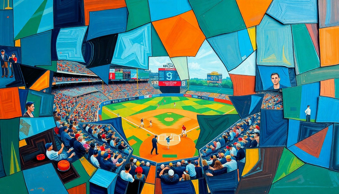A fractured, geometric painting in vibrant colors depicting the motion and intensity of a baseball game, with sharp, overlapping shapes representing the players, field, and crowd.