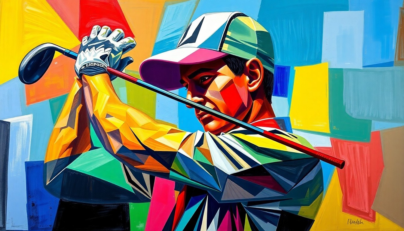 A fragmented, geometric painting depicting a golfer's swing and facial expression, with sharp planes of color representing the complex interplay of physical skill and mental resilience.