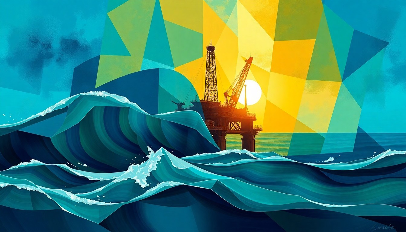 A dynamic, fragmented painting depicting an offshore oil rig platform in the North Sea, with overlapping geometric shapes and waves of deep blue, emerald green, and gold colors conveying the tensions between fossil fuels and renewable energy.