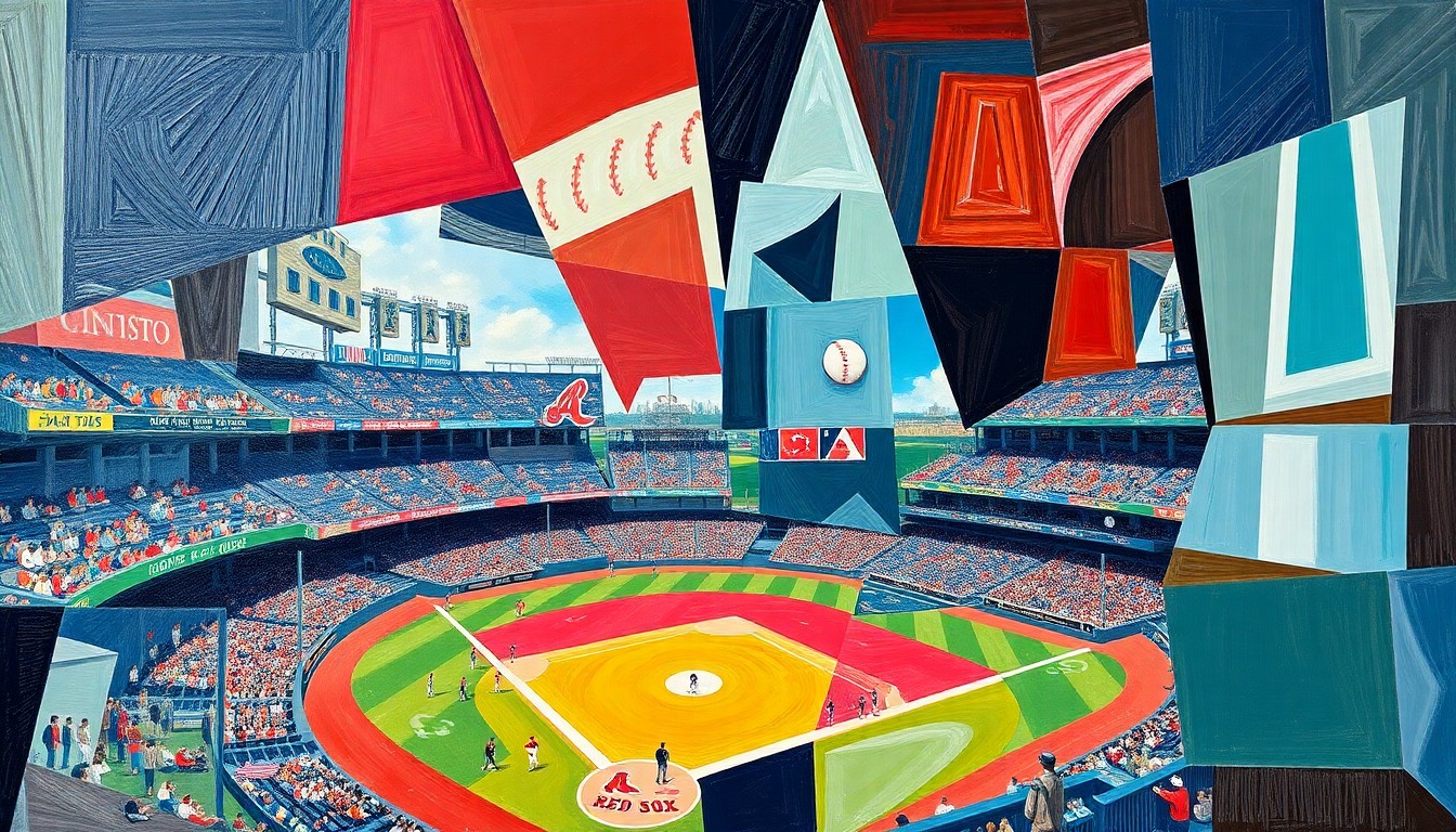 A fragmented, geometric painting depicting a Red Sox baseball game, with players and the field broken down into sharp, overlapping planes of color and shape, capturing the raw energy and motion of the sport.