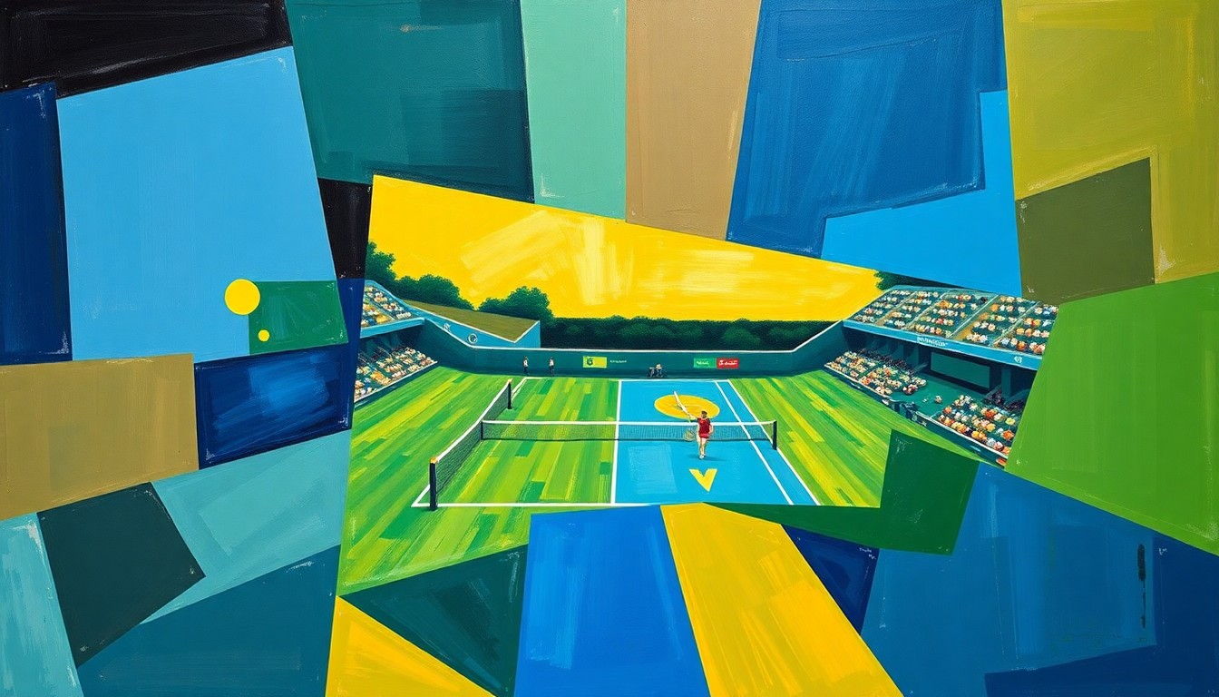 A fractured, multi-perspective painting in bold, vibrant colors depicting a tennis match between two players, their movements and the court itself broken down into sharp, overlapping geometric shapes.