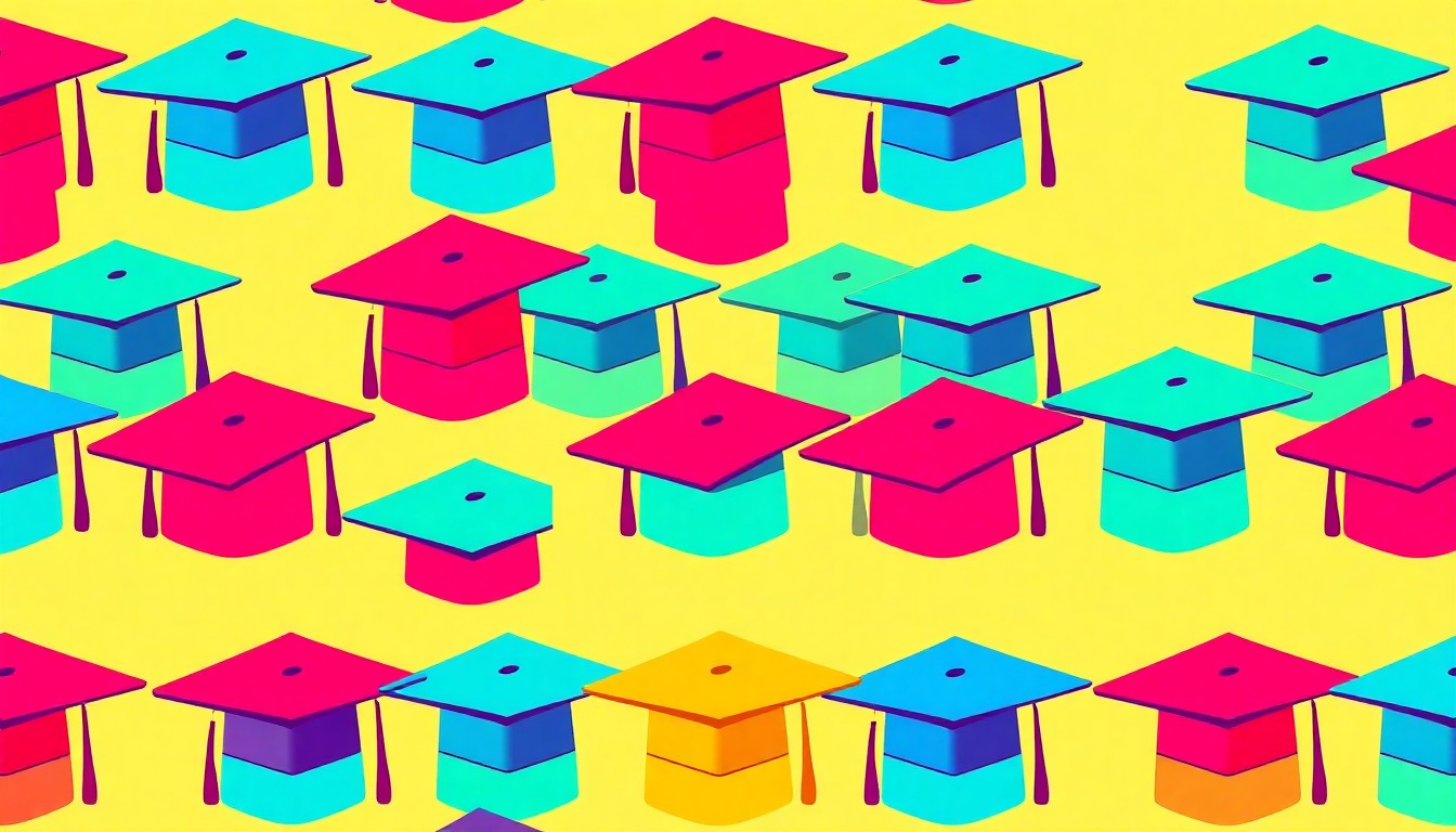 A vibrant, high-contrast silkscreen print of a mortar board graduation cap repeated in a grid, rendered in bold neon colors and heavy black outlines, conceptually representing GW's renewed commitment to empowering students as agents of positive change.