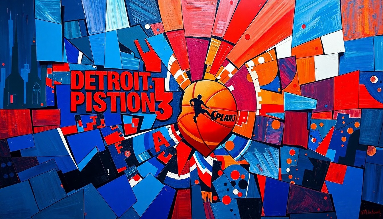 A cubist, geometric painting depicting a basketball game between the Detroit Pistons and Philadelphia 76ers, with the players and court broken down into sharp, overlapping planes of vibrant blue, red, and purple hues.