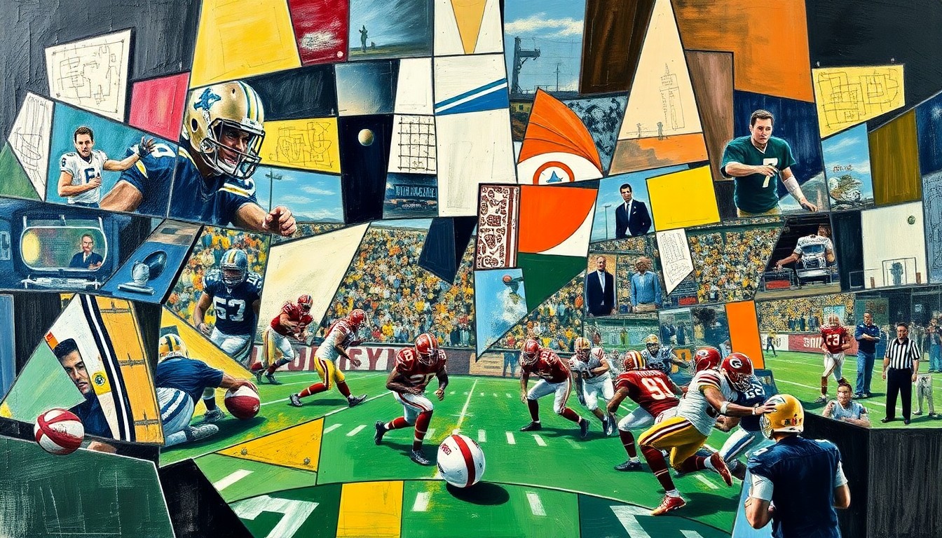 A cubist-style painting depicting a fragmented, multi-angled view of a football game, with players and the field broken down into sharp, overlapping geometric shapes and planes, capturing the intensity and uncertainty of the division showdown.